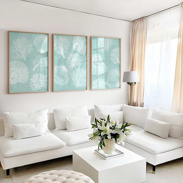 Seashell Wall Art, Blue Coastal Prints, Set of 3 prints, Turquoise beach house decor, Coral Bathroom Wall Art, Modern Minimalist Coastal Art